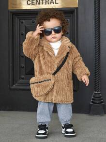 SHEIN 2pcs Baby Boys Warm Camel Thermal Lined Jackets,Soft Textured Fabric Reversible Zip-Up Mid-Length Winter Modest Date Outerwear With Ribbed Collar - Brown - View 3