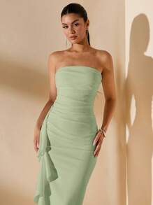 SHEIN BAE 无袖露肩褶皱高开叉荷叶边裹身长裙，白色，适合伴娘婚礼派对和夏季场合