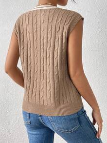 Chiquease 女式宽松 V 领粗针织毛衣背心 - 咖啡棕 - 查看 2
