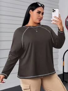 SHEIN EZwear 大码撞色圆领长袖秋季 T 恤