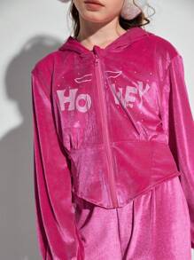 SHEIN Explorewe 青少年女孩天鹅绒两件套：短腰收腰水钻天鹅绒夹克和喇叭天鹅绒裤，Y2K 时尚，紫红色 - 玫紅色 - 查看 4