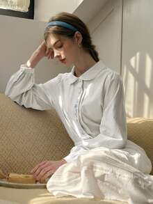 Simple Retro Women Queen Collar Embroidery Casual Shirt - White - View 8
