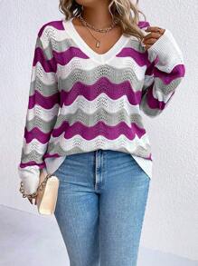 Plus Size Women Wavy Stripe V-Neck Long Sleeve Casual Sweater, Autumn, For Winter Knit Pullover Fall Sweater - Multicolor - View 4