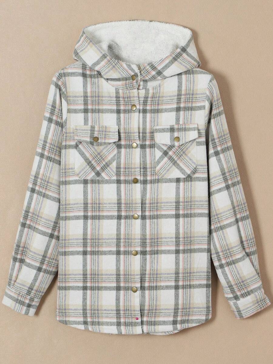 ASVIVID 女式休闲格子翻盖口袋连帽羊毛夹克，秋冬款