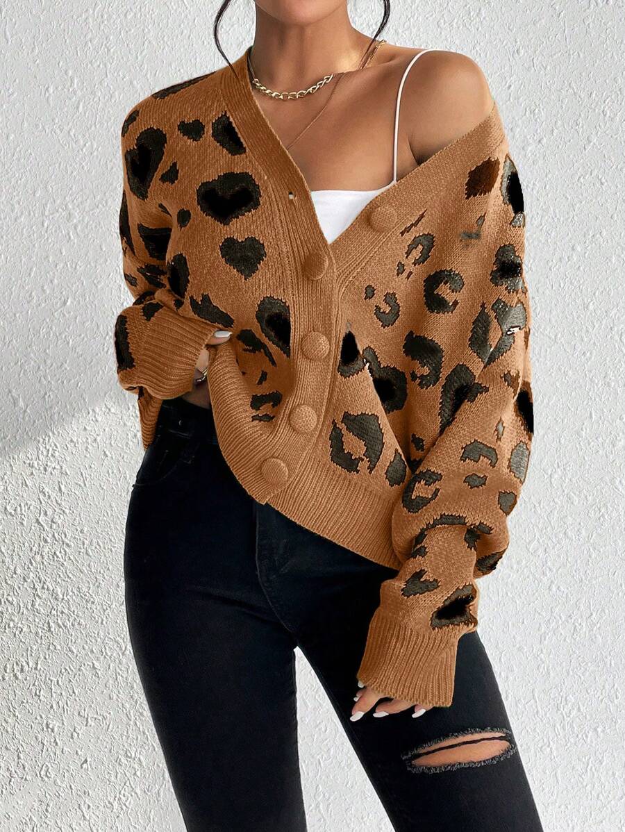 Chiquease 女士豹纹落肩长袖单排扣休闲开衫，秋冬 - 咖啡棕 - 查看 1