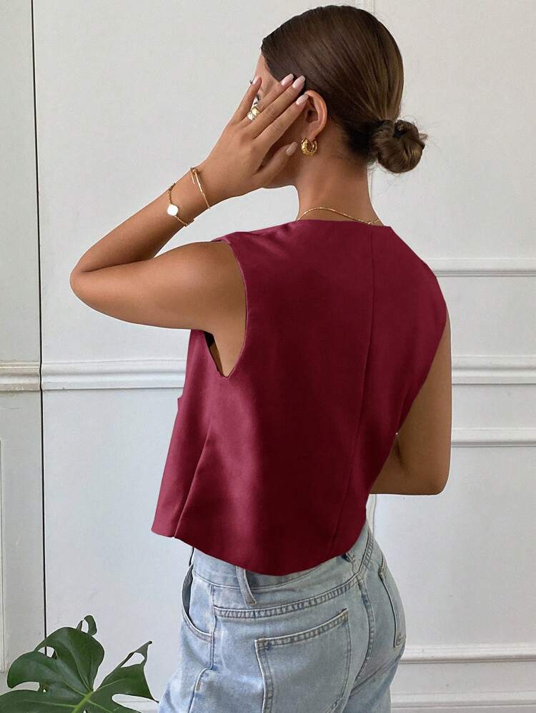 Solid Color Crew Neck Sleeveless Fitted Red Jacket For Women, Spring/Summer,Fall Clothes