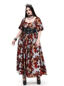Flirla Plus Size Halloween Floral All-Over Print Splice Short Sleeve Romantic High Slit Holiday Dress