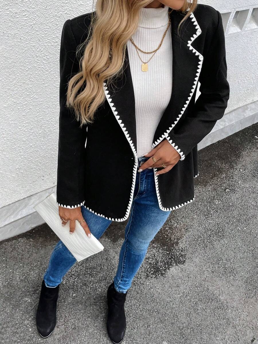 SHEIN LUNE Women's New Autumn/Winter Tweed Shell Trim Black Blazer Coat,Airport Outfits - Black and White - View 1