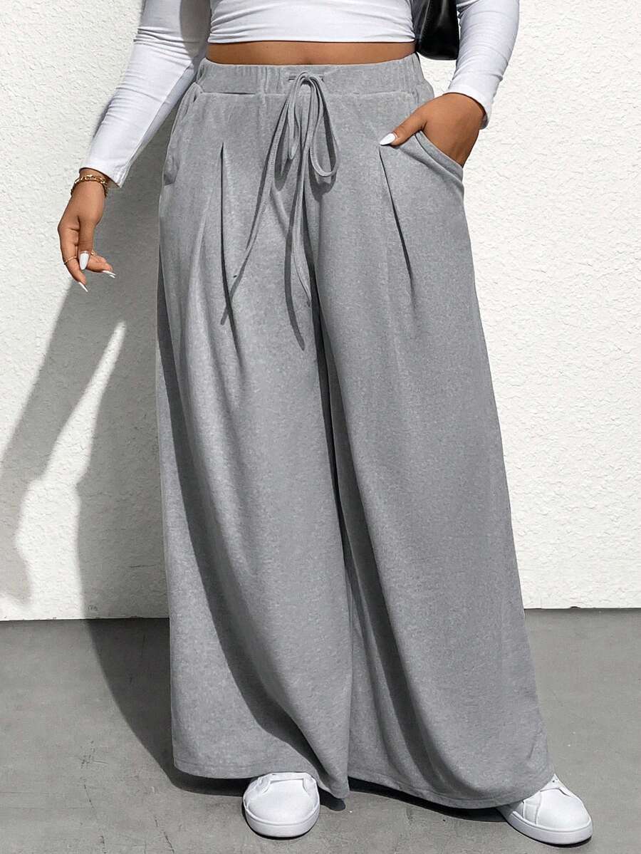 SHEIN Essnce Quần ống rộng cạp chun co giãn thời trang thường ngày mùa thu đông cỡ lớn cho nữ, rộng rãi và thoải mái, màu xám, vải chải kỹ, quần áo mùa thu cho nữ, quần ống cong - Xám - Xem 1