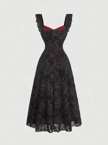 SHEIN MOD Women's Floral Print Ruffle Trim Lace Decorated Dress,Formal Dress,Prom Dress - Red - View 2