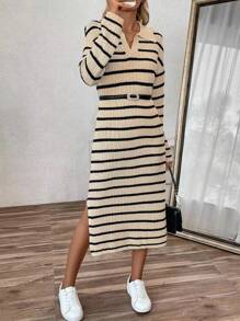 Chiquease Women Polo Collar V-Neck Striped Low Slit Casual Long Sweater Dress