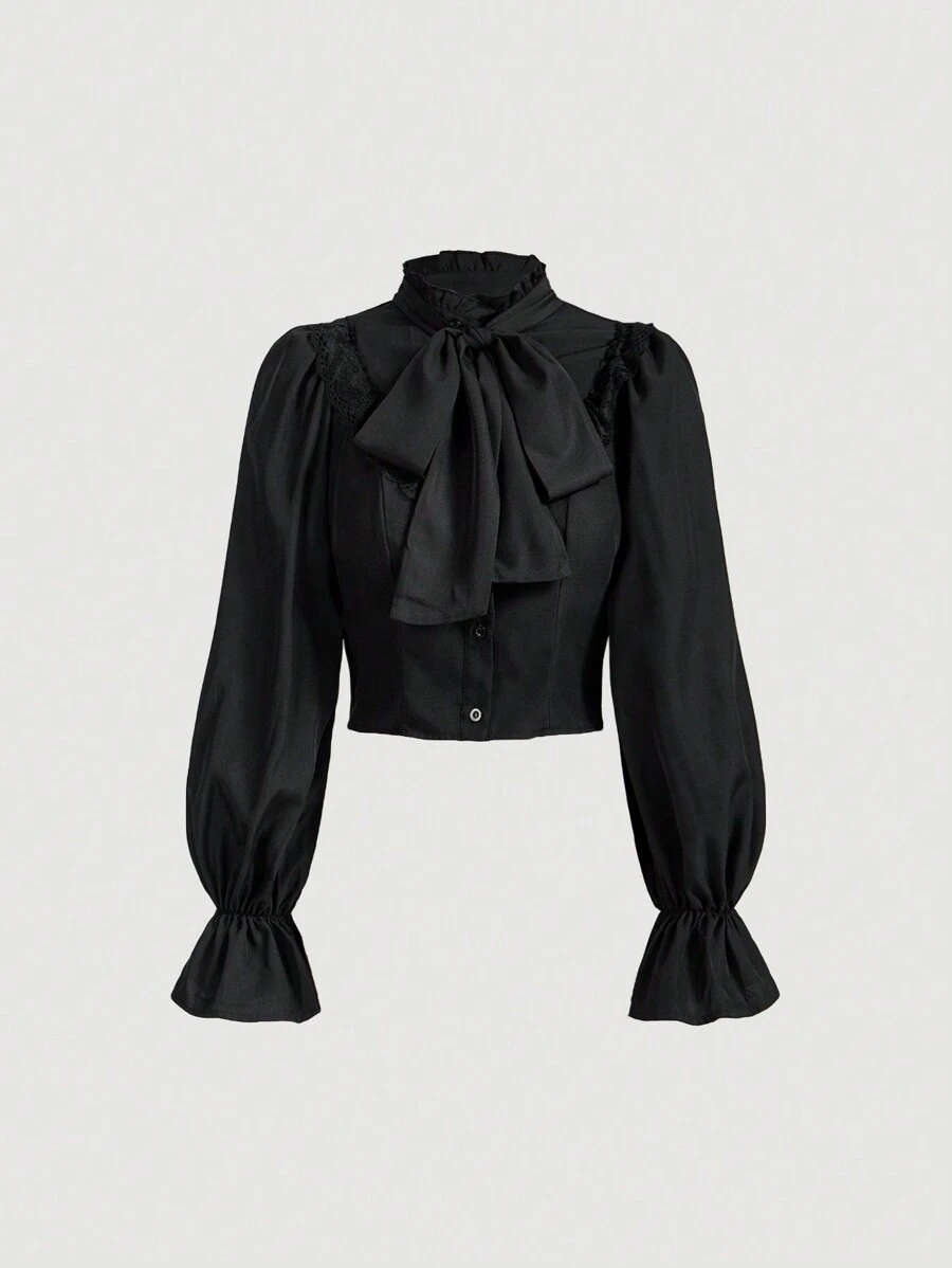 SHEIN MOD Black Ruffled Long-Sleeved Shirt With Big Bow - Black - View 1