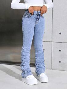 SHEIN Quần ống loe xếp ly màu xanh vintage dáng Y2K cho bé gái SLAYR KIDS, phong cách đường phố mùa thu. - Rửa trung bình - Xem 3