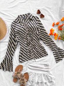 Soleia Apricot Base Black Wavy Romantic Casual Holiday Waisted Flare Sleeve Blouse For Women - Multicolor - View 1