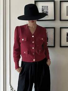 DAZY V-Neck Short Burgundy Cardigan For Christmas ,Holiday,Fall Clothes