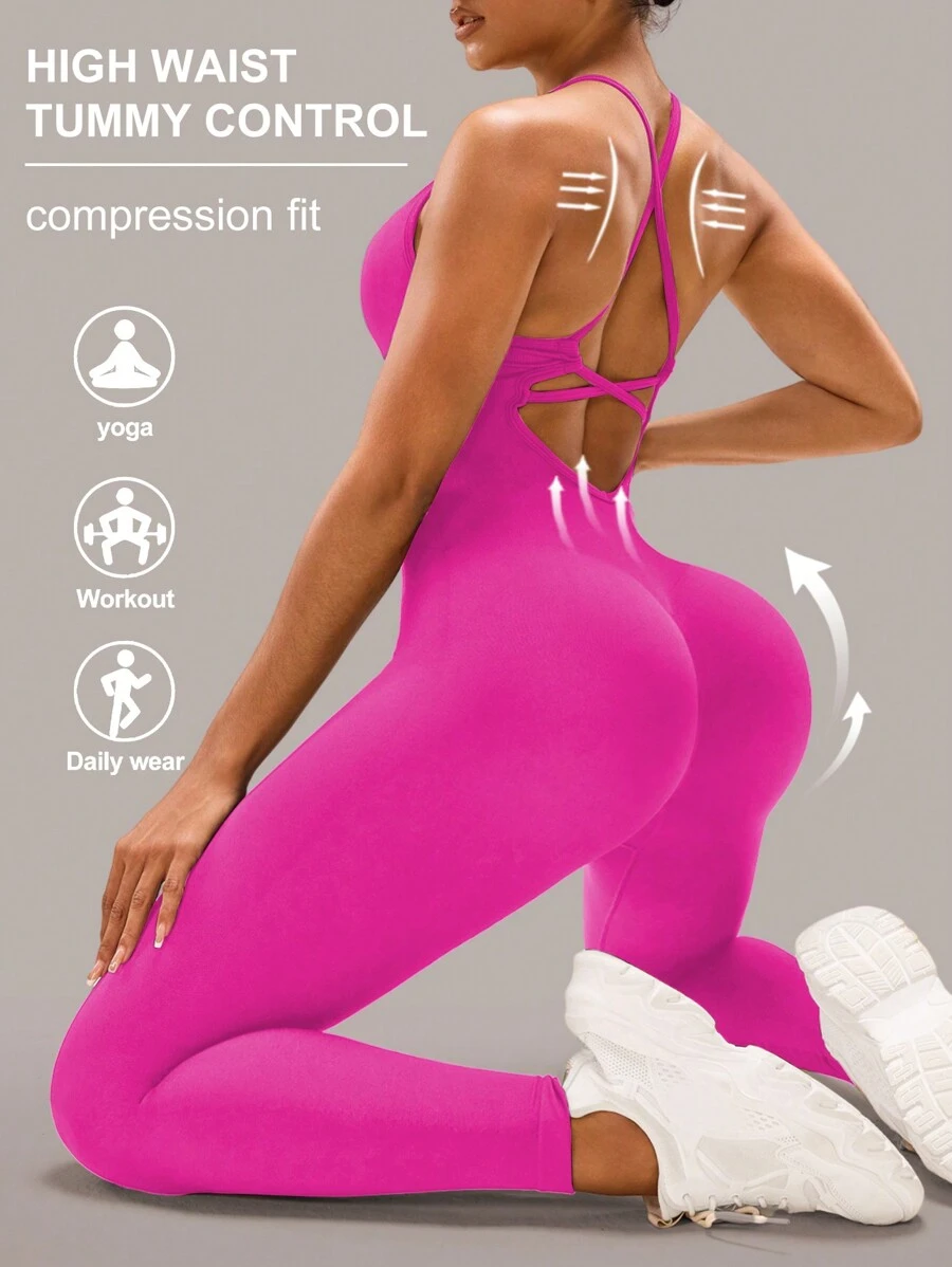 SHEIN Sports Bộ đồ liền thân thể thao bó sát không tay hở lưng màu trơn - Màu Hồng Tươi - Xem 1