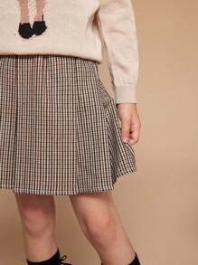 PrepCrw 年轻女孩经典格子复古裙，秋冬季休闲日常穿着 - 棕色 - 查看 6