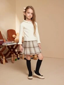 SHEIN 女童纯色荷叶边长袖休闲针织衫，秋冬季 - 白色 - 查看 1