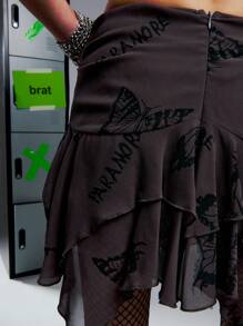 SHEIN Unity Chiffon Butterfly Print Ruched Tie Asymmetric Skirt - Dark Grey - View 7