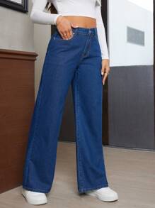 SHEIN Essnce Damskie jeansy casualowe z szerokimi nogawkami i przetarciami