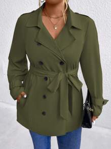 SHEIN LUNE Plus Size Women's Solid Color Revere Collar Double Breasted Long Sleeve Casual Trench Coat, Spring & Autumn - Army Green - View 6