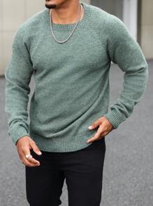 Manfinity Homme 1pc Men Plus Size Solid Color Plain Crew Neck Raglan Sleeve Long Sleeve Casual Pullover Sweater, Autumn/Winter, For Going Out, Men Green Sweater, Men Knitwear, Men Thermal Lined Sweater, Men Winter Sweater, Green Knit Sweater - Green - View 5