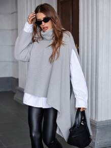 Chiquease High Neck Asymmetric Hem Pullover Sweater Knit Pullover Fall Winter Outfit - Grey - View 1