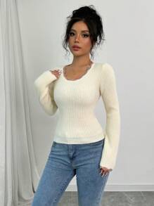 Elenzga 2024 Autumn/Winter New Ladies Colorful Striped Round Neck Long Sleeve Knitted Sweater, Fall - Apricot - View 4