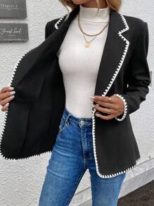 SHEIN LUNE Women's New Autumn/Winter Tweed Shell Trim Black Blazer Coat,Airport Outfits - Black and White - View 7