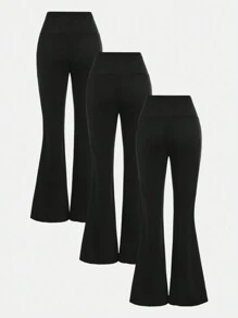 SHEIN Girlism Tween 女童纯黑色运动街头时尚针织纯色喇叭紧身裤 3 件套，日常穿着 - 黑色 - 查看 2