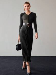 Women's Autumn Color Block V-Neck Long Sleeve Fitted Elegant Sweater Dress