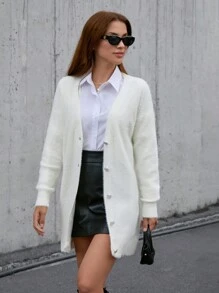 RueChic Women Solid Color Hairy Yarn V-Neck Front Button Drop Shoulder Cardigan - White - View 6