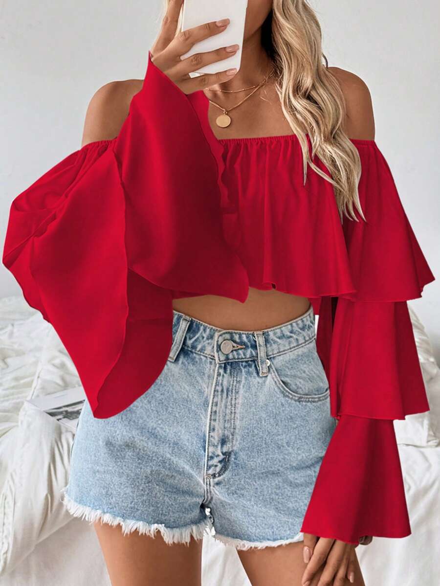 Breezaya 1 pieza Blusa de mujer con hombros descubiertos, cuello con volantes y manga larga para ropa de Año Nuevo, ropa de otoño para mujeres - Rojo - Ver 1
