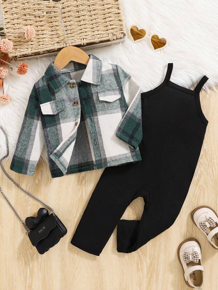2pcs Baby Girl Retro Plaid Romper Set, Sporty & Casual Outfit, Suitable For Autumn