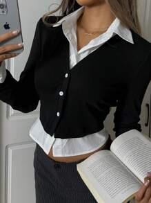 SHEIN EZwear 黑白针织前扣休闲二合一女式长袖衬衫 - 黑與白 - 查看 6