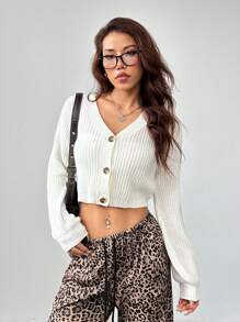 SHEIN PETITE White Lantern Sleeve Button Front Rib Knit Cardigan,Off The Shoulder Sweater In Fall/Winter - White - View 6