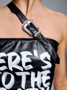 SHEIN Unity Lertter Print Faux PU Asymmetric Bandeau Top With Belted Strap Detail - Black - View 7