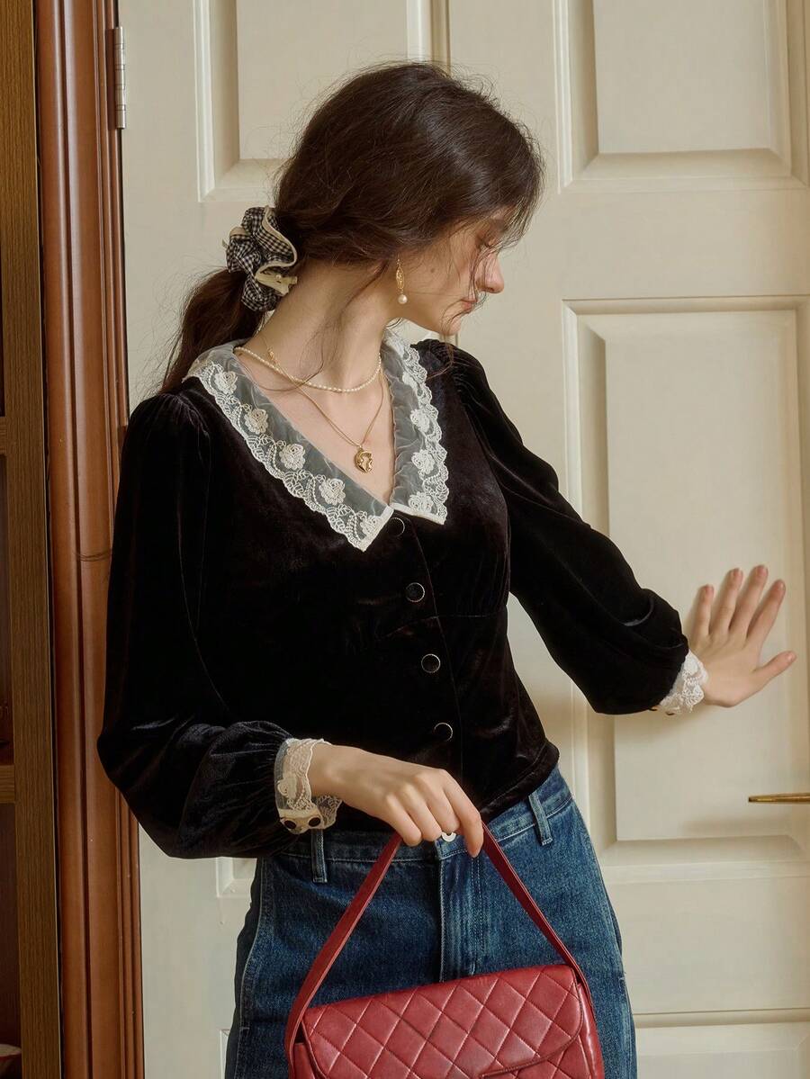 Simple Retro Women's V-Neck Lace Patchwork Colour-Blocked Velvet Shirt - Black - View 1
