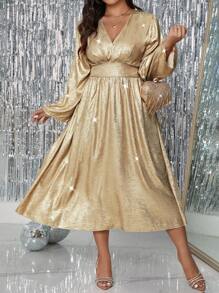 Allurite Váy Maxi lấp lánh kim loại cỡ lớn, tay loe, eo thắt, cổ chữ V, viền loe, váy bóng cho tiệc năm mới - Vàng - Xem 3