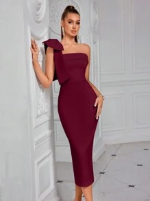 Elisanya Asymmetrical Neck Solid Color Bowknot Decor Slit Backless Midi Cocktail Party Prom Dress, Elegant Semi Formal Dress - Burgundy - View 1