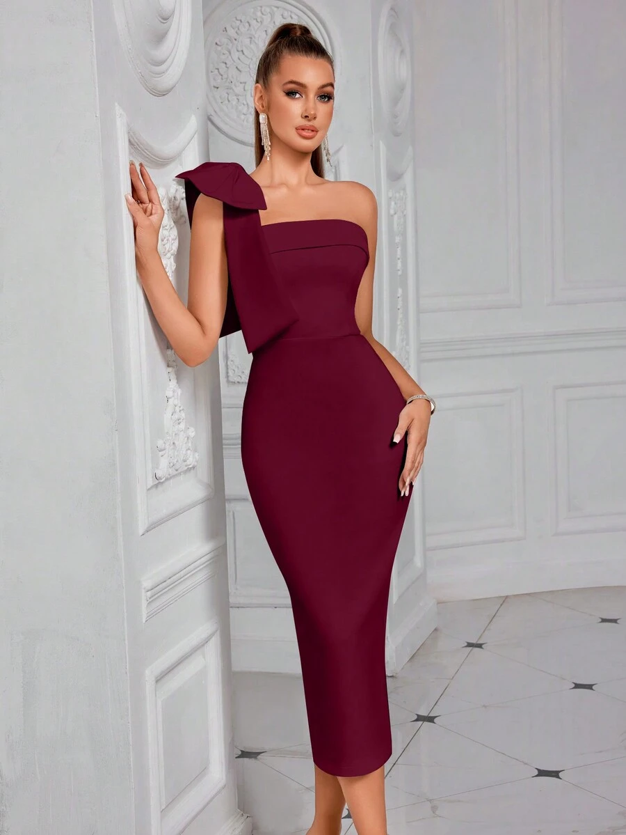 Elisanya Asymmetrical Neck Solid Color Bowknot Decor Slit Backless Midi Cocktail Party Prom Dress, Elegant Semi Formal Dress - Burgundy - View 1