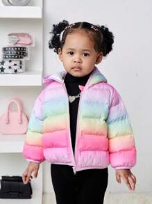 SHEIN Baby Girl Colorful Ombre Hooded Thick Fleece Jacket, Warm And Versatile For Autumn/Winter