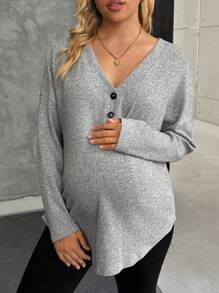 SHEIN Camiseta casual de manga larga de botones y media solapa en unicolor para maternidad, otoño/invierno