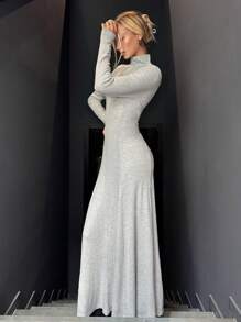 SHEIN EZwear 1pc Women Solid Color Long Sleeve Simple High Neck Long Dress, Casual For Daily Wear - Grey - View 5