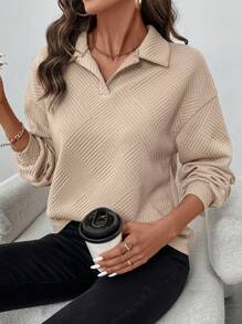 SHEIN LUNE Women's Textured POLO Collar Thick Layered Casual Sports Home Elegant Outdoor Warm Long Sleeve T-Shirt, Suitable For Autumn & Winter