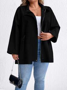 SHEIN CURVE+ Áo khoác cardigan dáng rộng màu trơn thường ngày cỡ lớn có khóa kéo, thích hợp cho mùa thu - màu đen - Xem 1