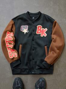 Manfinity Streetrush Chaqueta de béisbol casual de manga larga con botones y estampado de letras con contraste de color para hombres, otoño