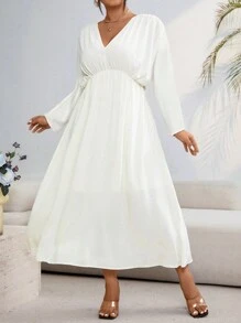 SHEIN Unity 大码女式 V 领蝙蝠袖纯色收腰连衣裙，优雅秋季 - 米色 - 查看 5