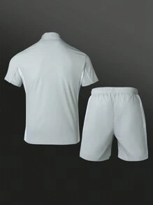 Manfinity Sport Corelite Boyfriend Style Men's Solid Color Zipper Front Short Sleeve Top And Shorts Casual Sports Suit Set