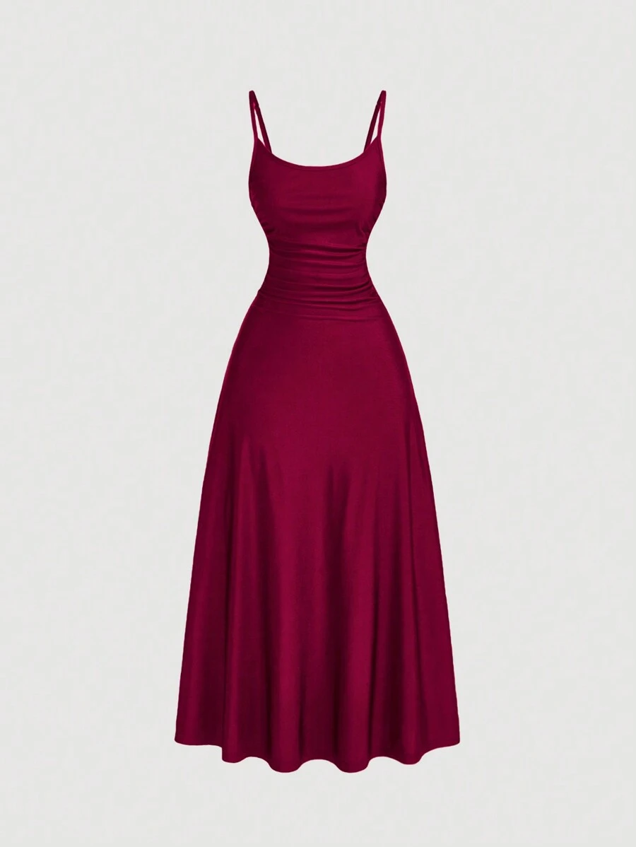 SHEIN MOD 1 chiếc đầm dài dáng chữ A màu trơn, có bèo nhún ở eo, thích hợp mặc mùa hè, dự tiệc trà. - Màu Đỏ Sâu - Xem 1